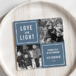 Cartes Pour Fêtes Annuelles Love & Light Modern Hanoukka Photo<br><div class="desc">Montrez vos photos de carré dans ce carte photo Hanoukka simple et moderne. Design dispose d'une disposition à quatre carrés avec un arrière - plan bleu et "Love and Light" en lettres blanches modernes. Utilisez les deux champs de texte personnalisables pour ajouter un message d'accueil personnalisé et votre nom de...</div>