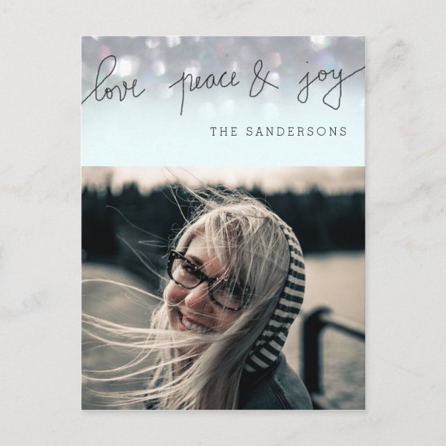 Cartes Pour Fêtes Annuelles Love Peace And Joy Bokeh Script Photo Moderne (Devant)