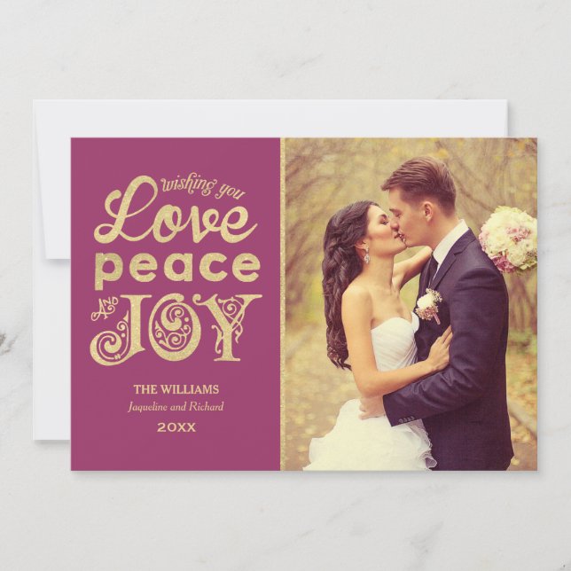Cartes Pour Fêtes Annuelles Love Peace and Joy Burgundy Gold Mariage Photo (Devant)