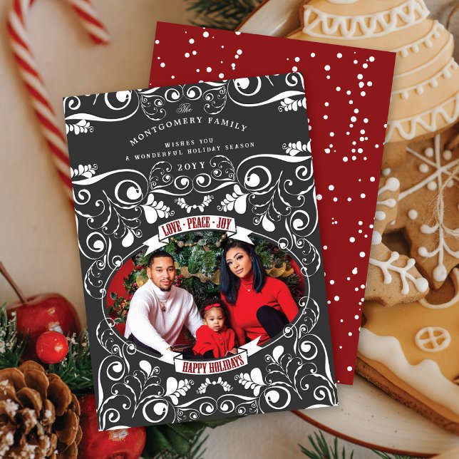 Cartes Pour Fêtes Annuelles Love Peace Joy Art Nouveau Floral Flourish Photo (Créateur téléchargé)