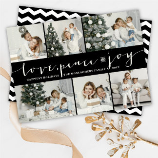 Cartes Pour Fêtes Annuelles Love Peace Joy Black Band Modern 6 Photo Collage