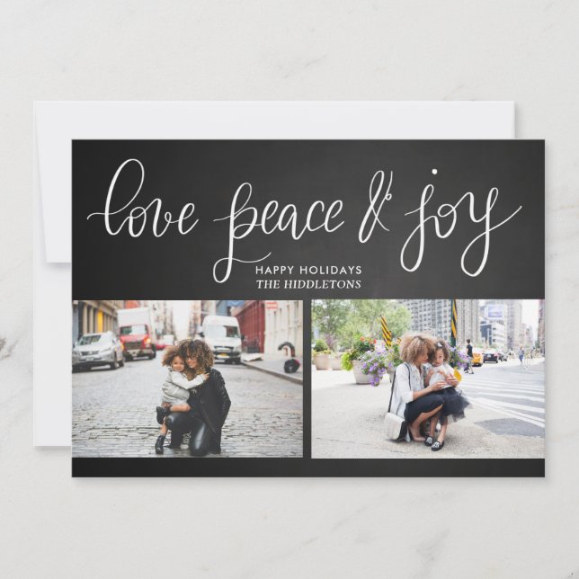 Cartes Pour Fêtes Annuelles Love Peace Joy Chalkboard Vacances Script Deux pho (Devant)