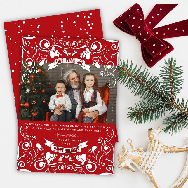 Cartes Pour Fêtes Annuelles Love Peace Joy Elegant Floral Flourish Red Photo (Créateur téléchargé)