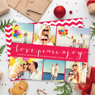 Cartes Pour Fêtes Annuelles Love Peace Joy Fuchsia Band Modern Photo Collage