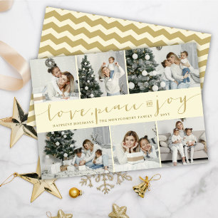 Cartes Pour Fêtes Annuelles Love Peace Joy Ivory Gold Modern 6 Photo Collage