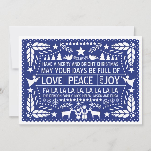 Cartes Pour Fêtes Annuelles Love Peace, Joy papel picado bleu Noël (Devant)