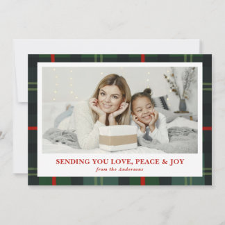 Cartes Pour Fêtes Annuelles "Love, Peace & Joy" Plaid Holiday Photo Card