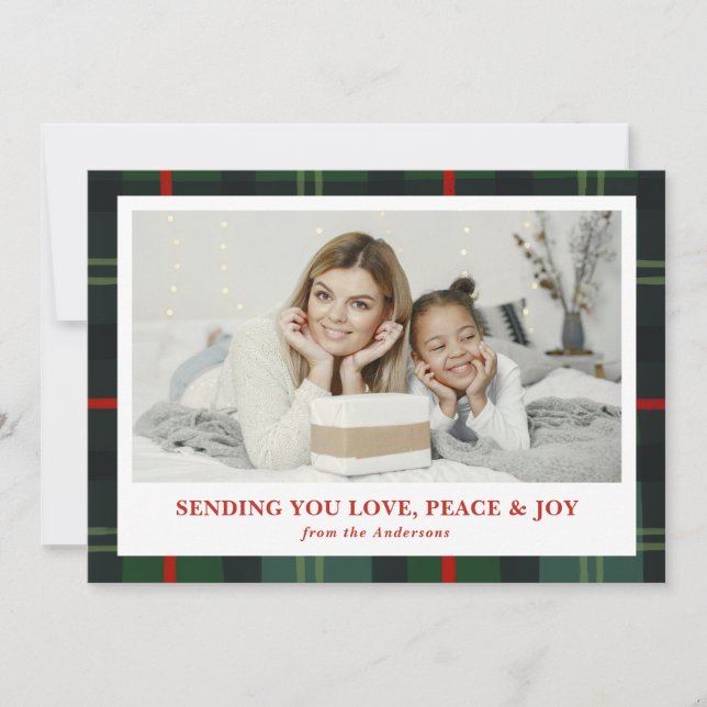 Cartes Pour Fêtes Annuelles "Love, Peace & Joy" Plaid Holiday Photo Card (Devant)