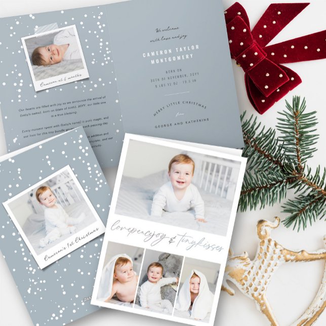 Cartes Pour Fêtes Annuelles Love Peace Joy Tiny Kisses 1er Noël de bébé (Love Peace Joy Tiny Kisses Baby's 1st Christmas Holiday Birth Announcement Card @ fat_fa_tin)