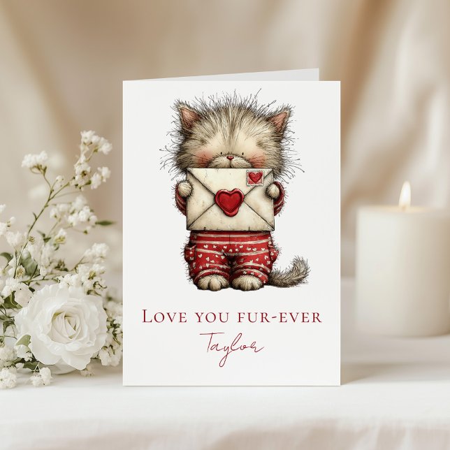Cartes Pour Fêtes Annuelles Love You Fur-Ever Cute Kitten Valentine Folded (Love You Fur-Ever Cute Kitten Valentine Folded Holiday Card on a table with white flowers)