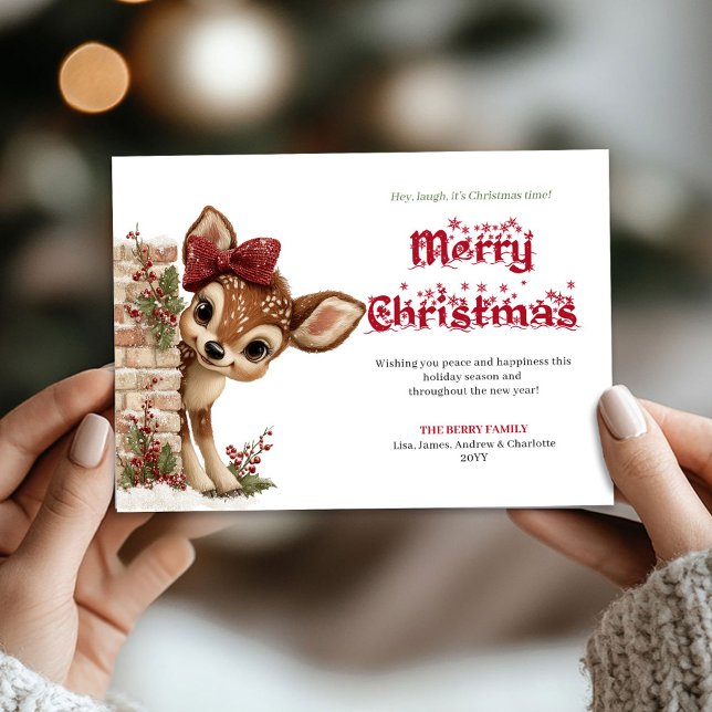 Cartes Pour Fêtes Annuelles Lovely Christmas baby deer peeking winter card (Lovely Christmas baby deer peeking winter card)