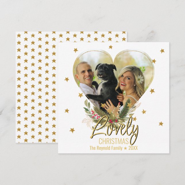Cartes Pour Fêtes Annuelles Lovely Christmas Photo Heart Gold Parties scintill (Devant / Derrière)