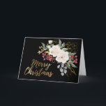 Cartes Pour Fêtes Annuelles Luc 2:14 Gloire à Dieu Élégant Noël Floral<br><div class="desc">Écriture de citation inspirante La carte de Noël représente une élégante aquarelle fleurie avec des roses blanches, des baies rouges, des fleurs d'or et de la verdure sur un arrière - plan noir. Il présente la Bible Verse Luc 2:14, Chant des Anges : "Gloire à Dieu au plus haut et...</div>