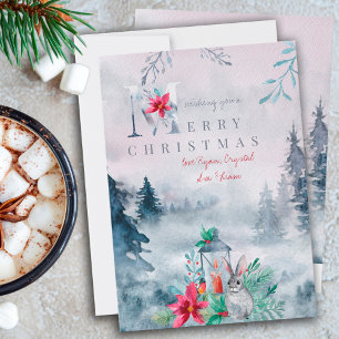 Cartes Pour Fêtes Annuelles Lueur de lanterne aquarelle de forêt d'hiver brume
