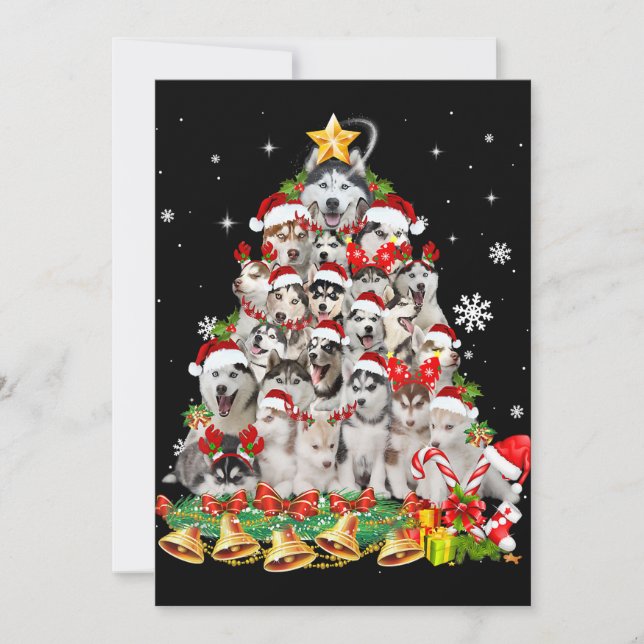 Cartes Pour Fêtes Annuelles Lumières d'arbre de Noël Husky sibérien Chien drôl (Devant)