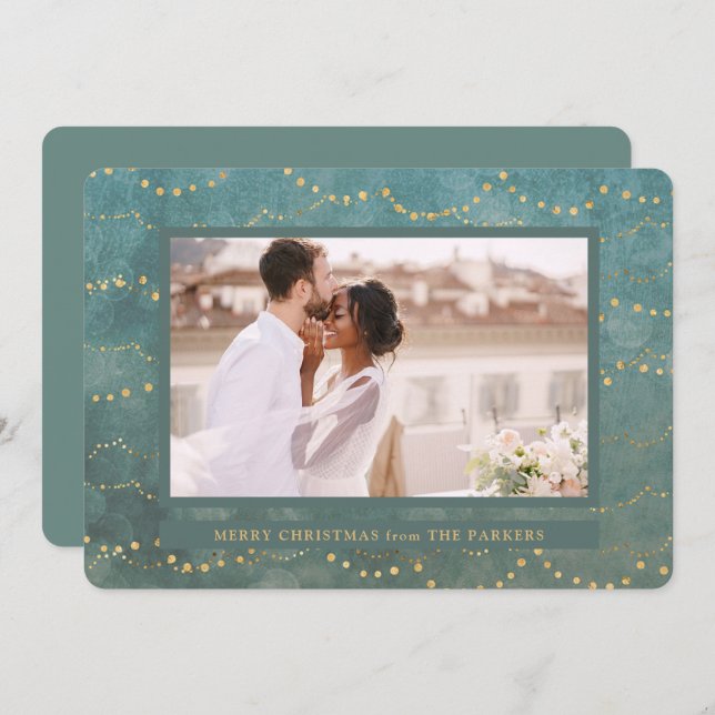 Cartes Pour Fêtes Annuelles Lumières de fée d'or | Élégant Noël d'une photo (Devant / Derrière)