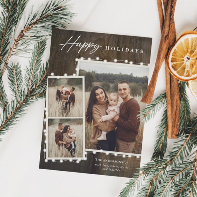 Cartes Pour Fêtes Annuelles Lumières de Fée Rustiques Collage de 3 Photos (Rustic Christmas Fairy Lights 3 Photo Collage Holiday Cards)