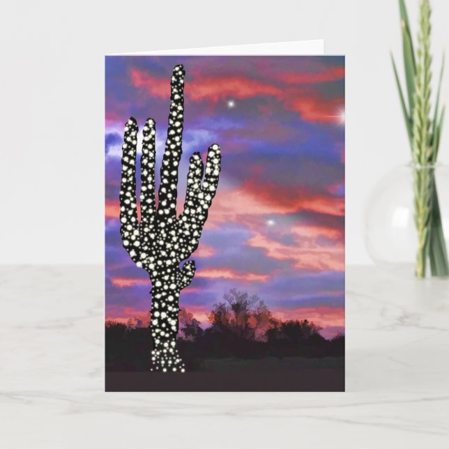 Cartes Pour Fêtes Annuelles Lumières de Noël dans le désert Saguaro Cactus (Devant)