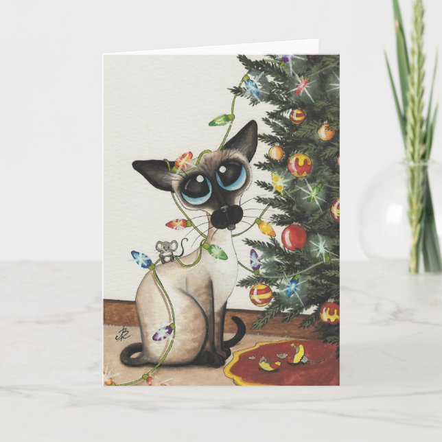 Cartes Pour Fêtes Annuelles Lumières de Noël de chat siamois par AmyLyn Bihrle (Devant)