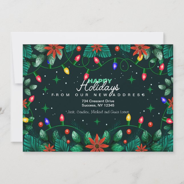 Cartes Pour Fêtes Annuelles Lumières de Noël et Poinsettias Holiday Moving (Devant)