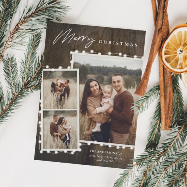 Cartes Pour Fêtes Annuelles Lumières de Noël rustiques 3 Collage photo (Rustic Christmas Lights 3 Photo Collage Holiday Card)