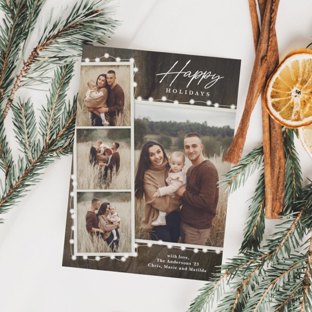 Cartes Pour Fêtes Annuelles Lumières de Noël Rustiques 4 Collage de Photos (Créateur téléchargé)