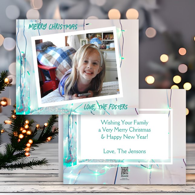 Cartes Pour Fêtes Annuelles Lumières de Noël sarcelle et blanches Photo Fêtes (Créateur téléchargé)