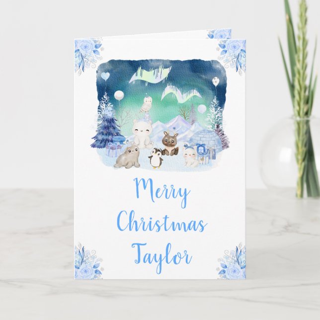 Cartes Pour Fêtes Annuelles Lumières du Nord Animaux arctiques Joyeux Noël (Devant)