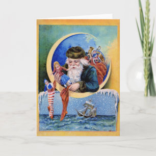 Cartes Pour Fêtes Annuelles Lune à croissant de Père Noël vintage