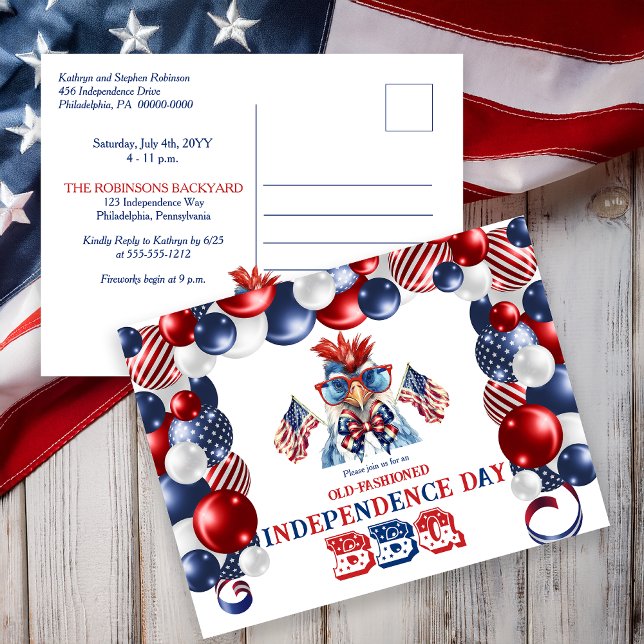 Cartes Pour Fêtes Annuelles Lunettes de soleil de poulet patriotique Fête de l (Patriotic Chicken in Sunglasses Waving Flags "Old Fashioned Independence Day BBQ" Invite Postcard)
