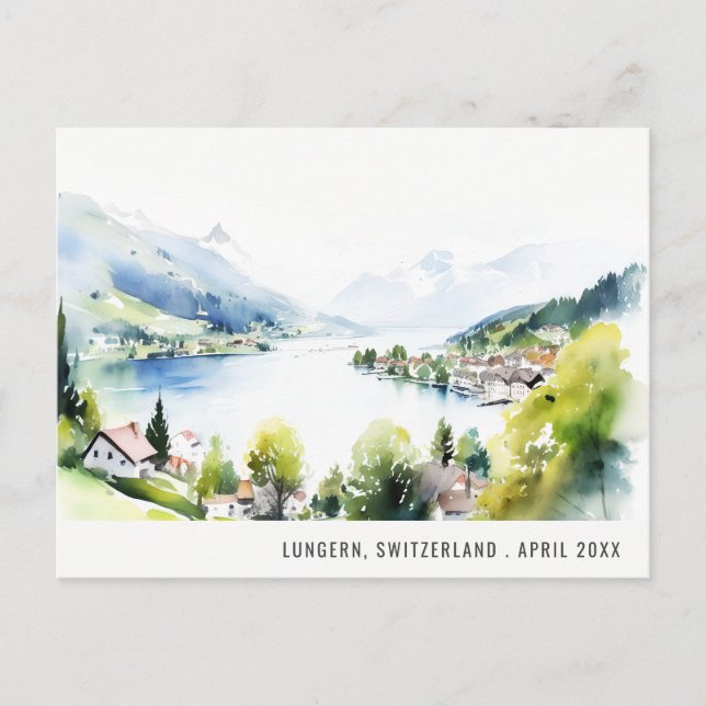 Cartes Pour Fêtes Annuelles Lungern Switzerland Watercolor Landscape Travel (Devant)