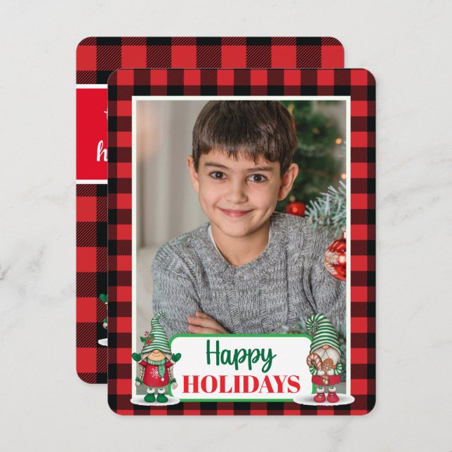 Cartes Pour Fêtes Annuelles lutins de Noël à carreaux (ajoutez votre photo) ca (Devant / Derrière)