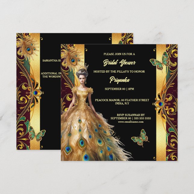 Cartes Pour Fêtes Annuelles Luxueux paon ballgown plumes or noir chic (Devant / Derrière)