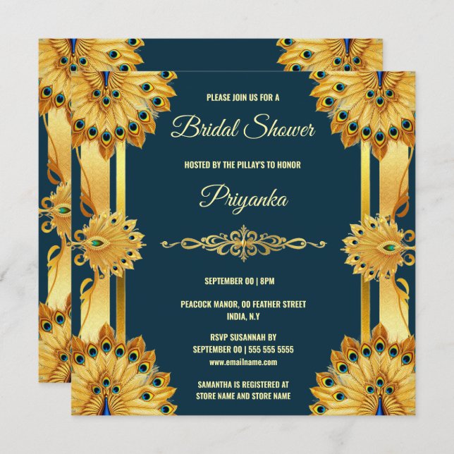 Cartes Pour Fêtes Annuelles Luxueux plumes paon ventilateur or turquoise éléga (Devant / Derrière)