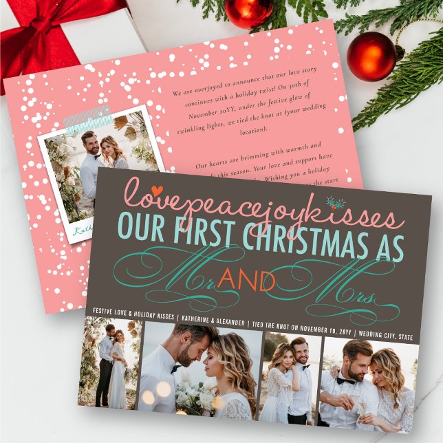 Cartes Pour Fêtes Annuelles M. et Mme Premier Noël 4 Photo Mariage Fêtes (Love Peace Joy Kisses - Mr & Mrs First Christmas 4 Photo Holiday Wedding Announcement by fat*fa*tin)