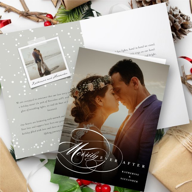 Cartes Pour Fêtes Annuelles M. & Mme Elegant S'épanouit Merrily Jamais Après L (Mr & Mrs Elegant Flourish Script Merrily Ever After Photo Holiday Card @ fat_fa_tin)