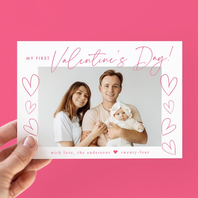 Cartes Pour Fêtes Annuelles Ma première Saint Valentin Pink Script photo (Créateur téléchargé)