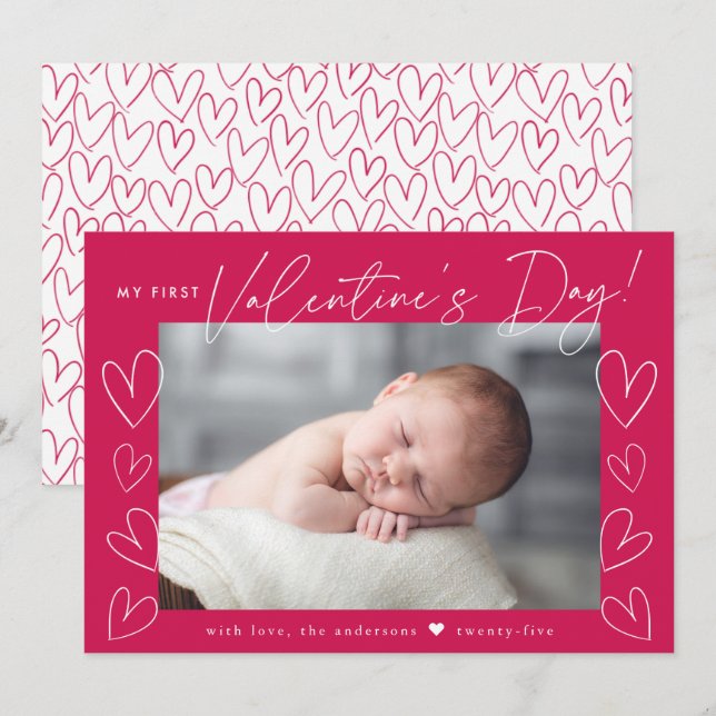 Cartes Pour Fêtes Annuelles Ma première Saint Valentin Script Magenta Photo (Devant / Derrière)