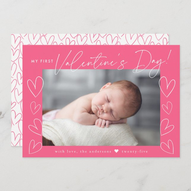 Cartes Pour Fêtes Annuelles Ma première Saint Valentin Script Pink Photo (Devant / Derrière)