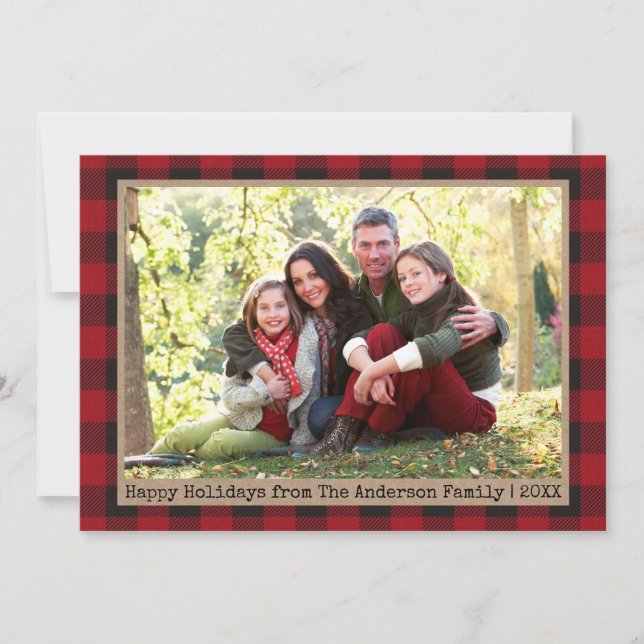 Cartes Pour Fêtes Annuelles Machine à écrire Texte Plaid Famille Photo Kraft (Devant)