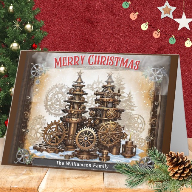 Cartes Pour Fêtes Annuelles Machinerie Cogs Steampunk Arbres Joyeux Noël (Créateur téléchargé)