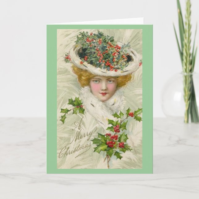 Cartes Pour Fêtes Annuelles Madame victorienne de Noël tenant un brin de houx (Devant)