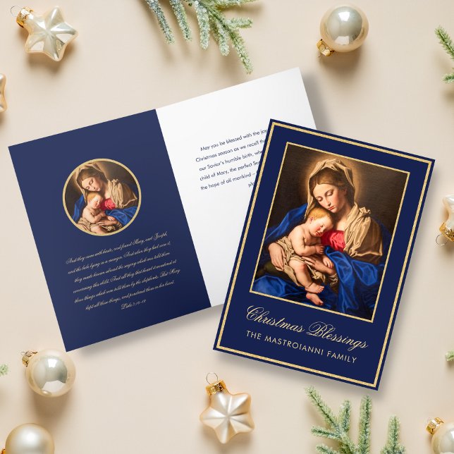 Cartes Pour Fêtes Annuelles Madonna et Noël de l'enfant (Religious Christmas card for Catholics with Madonna and Child in midnight blue and gold)