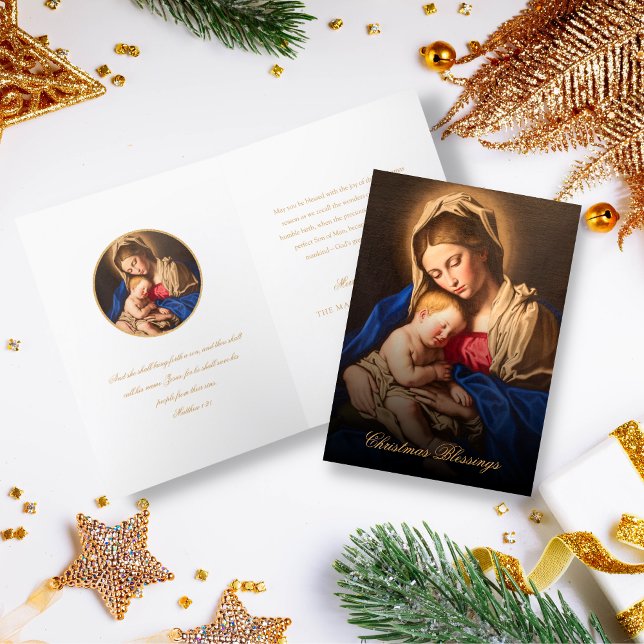 Cartes Pour Fêtes Annuelles Madonna religieuse et Bible de l'enfant Verse Noël (Religious Christmas card for Catholics and Christians in gold and white)