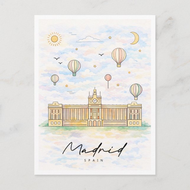 Cartes Pour Fêtes Annuelles Madrid Skyline Watercolor | Spain Travel (Devant)