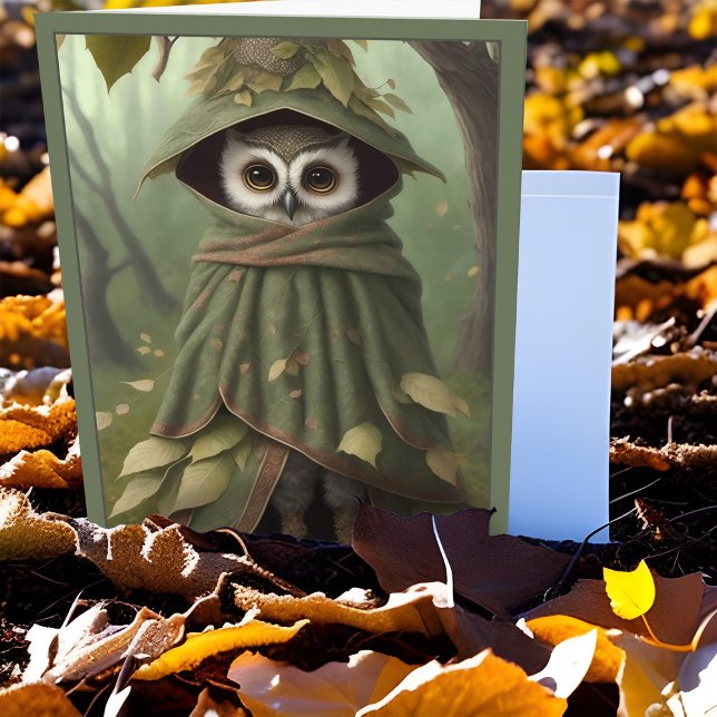 Cartes Pour Fêtes Annuelles Magasin de Chouette lunaire Jambes longues mignonn (Enchanted forest whimsy wizard owl cute charming all occasion greeting card misty green woodland art)