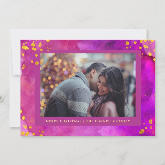 Cartes Pour Fêtes Annuelles Magenta Aquarelle Noël avec or | Photo (Devant)