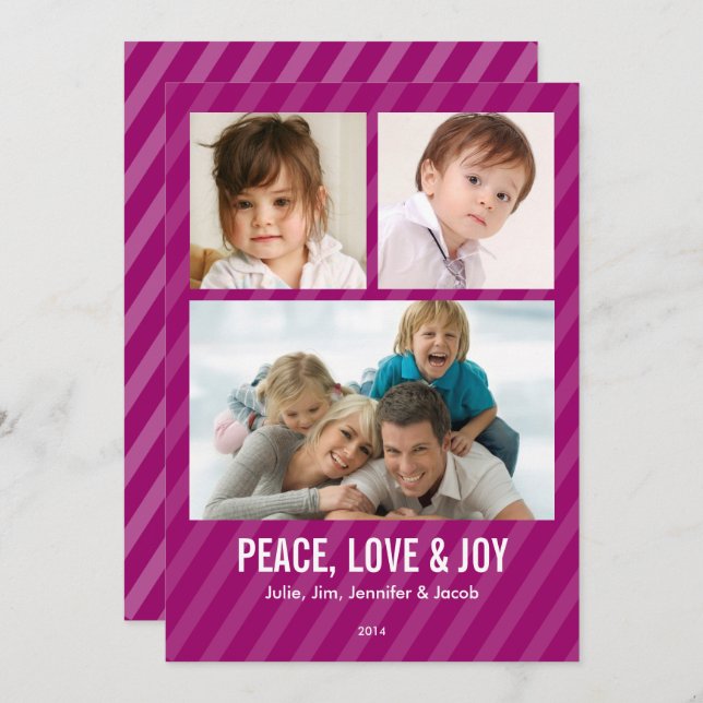 Cartes Pour Fêtes Annuelles Magenta Stripes Triple Photo Holiday Card (Devant / Derrière)