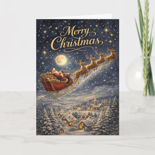 Cartes Pour Fêtes Annuelles Magical Gold Santa Night Sky Merry Christmas (Devant)