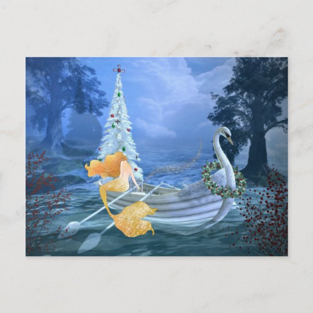 Cartes Pour Fêtes Annuelles Magical Mermaid, Swan Boat and Christmas Tree (Devant)